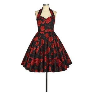 Red and black floral dress, emo, dark